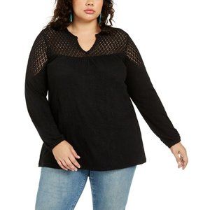 Style & Co Womens Plus Crochet Split V-Neck Long Sleeve Elastic Cuffs Top Black